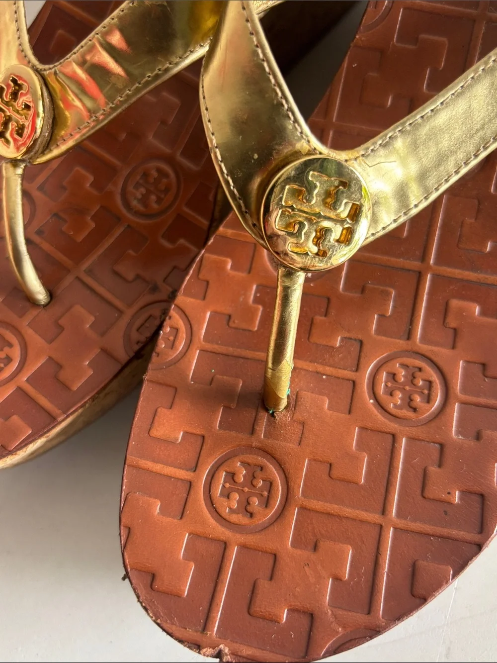 Tory Burch Thora Metallic Gold Leather Cork Wedge Thong Sandals